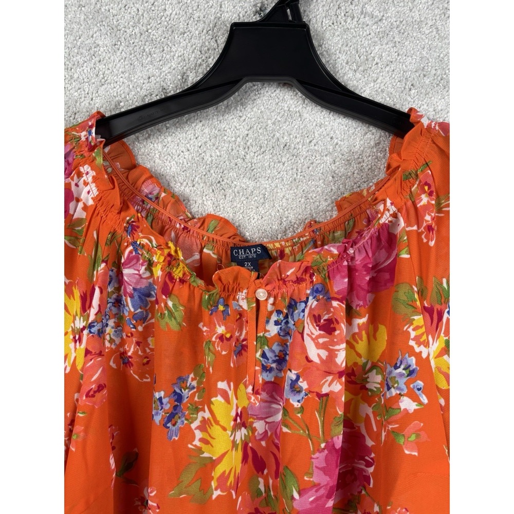 Chaps Ralph Lauren Womens Orange Floral Shirt Top Blouse 3/4 sleeve 2XL 2X Plus - Picture 2 of 5